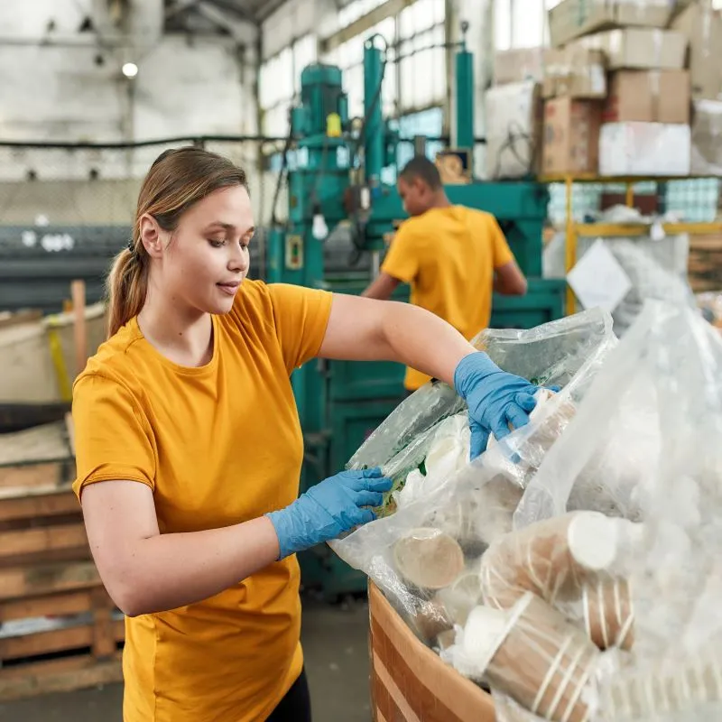 a woman in a yellow shirt and gloves holding a bag of trash