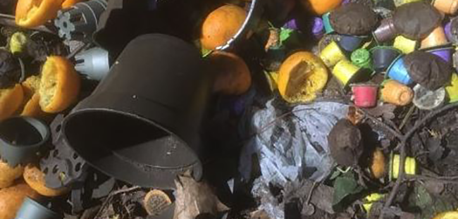 a black can lying on the ground next to oranges