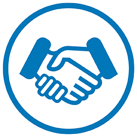 a blue and white circle with hands shaking