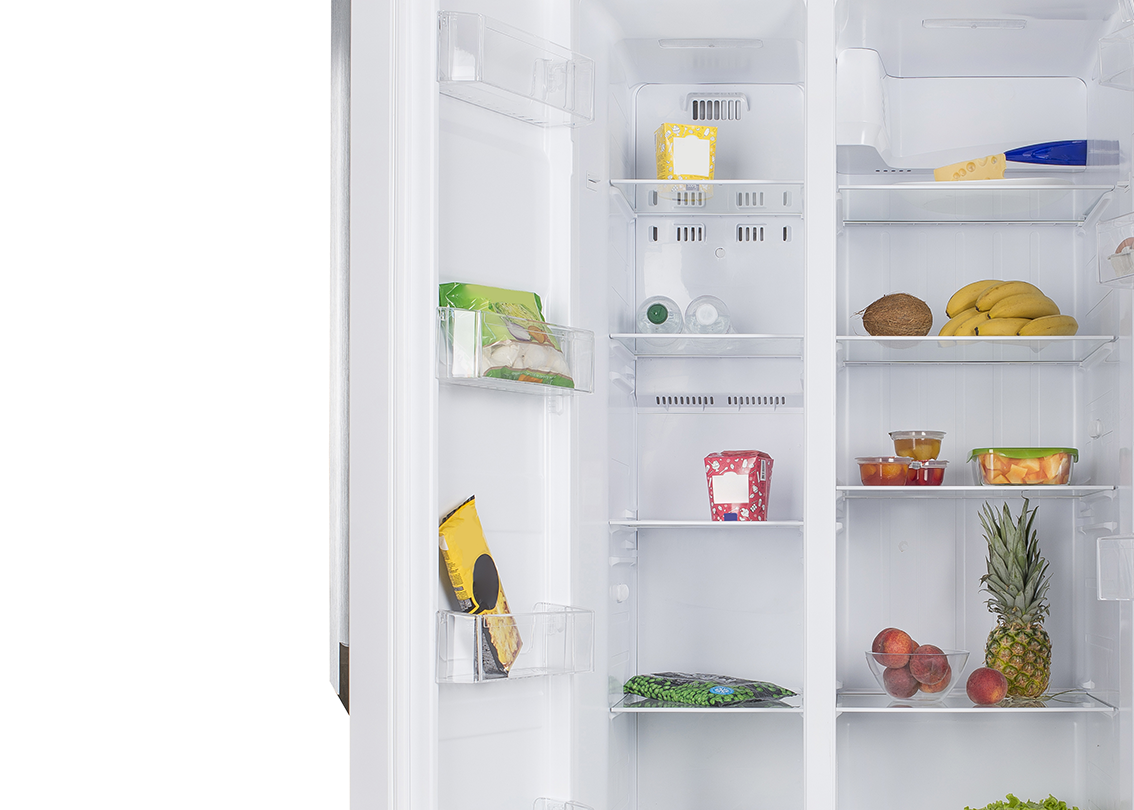 a refrigerator with shelves full of food