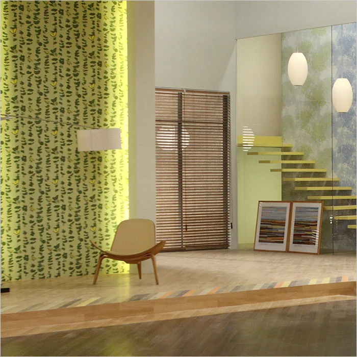 a room with a chair and stairs