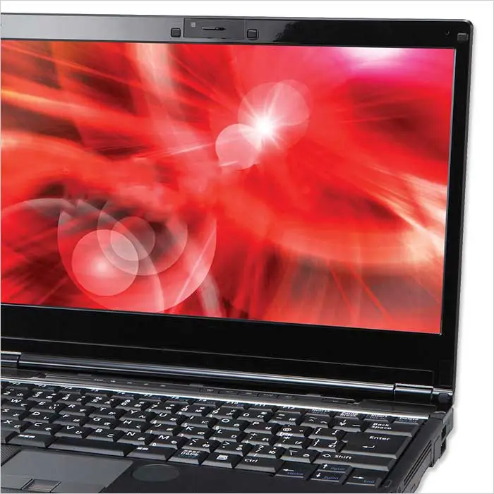 a laptop with a red and white background