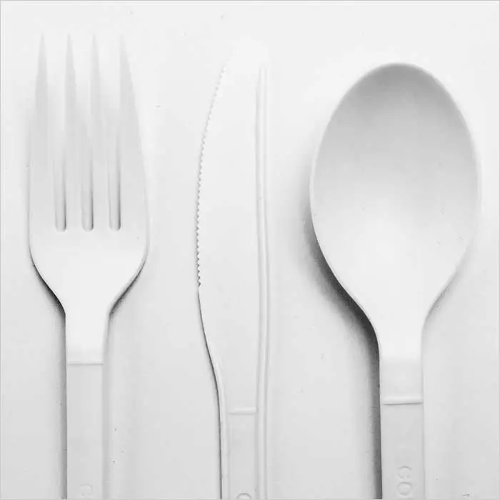 a spoon fork knife and a plastic spoon