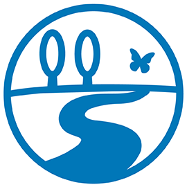 a blue circle with a path and a butterfly